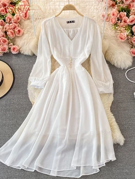 Модное шифоновое платье 2023, весенне-летнее модное однотонное французское платье с V-образным вырезом, женское платье с длинными рукавами Изображение