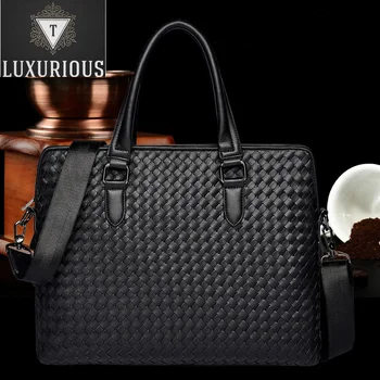 Модный Кожаный Мужской деловой портфель большой емкости, сумки для ноутбука, повседневные мужские двухслойные тканые сумки на плечо Изображение