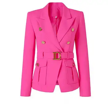 Модный Новый Однотонный Блейзер, пальто для подиума, Простой Двубортный Пиджак с отворотами, пояс для Похудения, куртка для Темпераментных женщин, 6 цветов Изображение