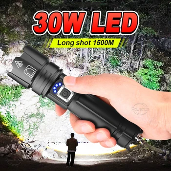 Мощные светодиодные фонари, USB Перезаряжаемый тактический фонарь 1500 М, Походный фонарь 18650, водонепроницаемый фонарик Изображение