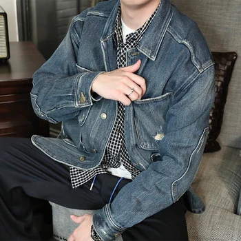 Мужская Джинсовая куртка в Корейском стиле, Модное пальто с синими дырками, Джинсовая куртка, пальто, Свободная Модная Повседневная Уличная одежда, Мужская одежда W490 Изображение