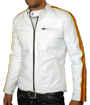 Мужская куртка из 100% натуральной кожи, мотоциклетная байкерская куртка из натуральной овечьей кожи белого цвета Изображение