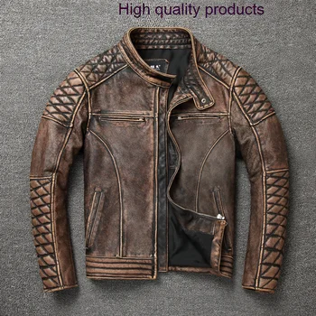 Мужская повседневная куртка-стойка из воловьей кожи, изготовленная из старого мотоцикла, Роскошная куртка из натуральной кожи, мужская винтажная натуральная мужская одежда Изображение