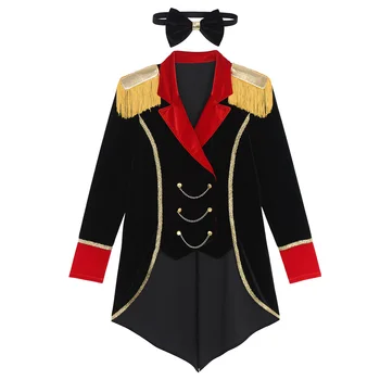 Мужской цирковой костюм для косплея, Костюм Циркового манежиста, Бархатная куртка с металлическими цепями, пальто с длинным рукавом и галстуком-бабочкой Изображение