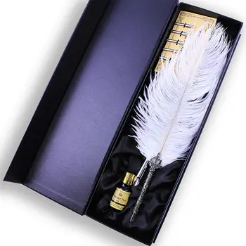 Набор белых гусиных ручек из страусиных перьев, подарочный набор в стиле ретро С держателем для ручек Изображение
