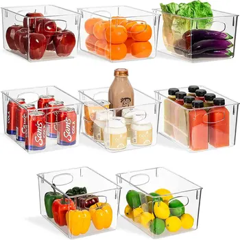 Набор из 8 прозрачных контейнеров для холодильника - Контейнеры для холодильника и кладовой с ручками - Дизайн гнезда - Кухня, Холодильник, Кладовая для продуктов Изображение