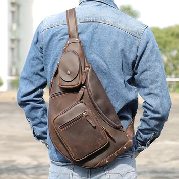 Нагрудный бренд Crazy Sports Horse Для сумки, сумка из натуральной кожи в стиле ретро, Большая Мужская Кожаная сумка на плечо, сумка-ранец Изображение