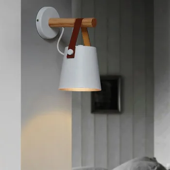 Настенные светильники для спальни в скандинавском стиле, белые и черные светодиодные бра, ночные светильники E27, освещение для прохода, креативный деревянный настенный светильник Изображение