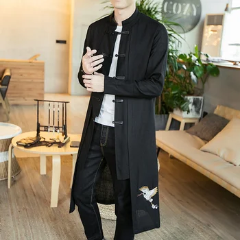 Новое мужское Льняное пальто с вышивкой Журавля, Кимоно, Винтажное Длинное платье, куртка в китайском стиле, Свободная мужская национальная уличная одежда Изображение