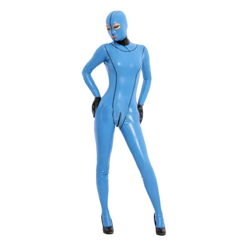 Новый латексный костюм, резиновый комбинезон для всего тела, светло-голубой комбинезон с капюшоном, размер XXS-XXL Изображение