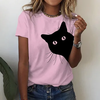 Новый модный повседневный женский топ с 3D абстрактным розовым принтом кота, женская футболка с обычным коротким рукавом Изображение
