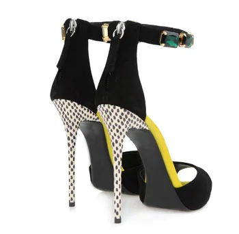 Новый показ мод 2023, Летние женские Босоножки на высоком каблуке с открытым носком и ремешком с пряжкой, украшенные бриллиантами, с цветным блоком Изображение