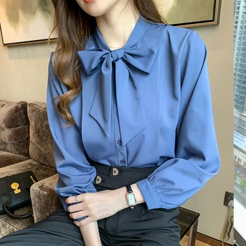 Однотонная синяя элегантная женская блузка с галстуком-бабочкой, женская блузка с длинным рукавом, офисные женские свободные топы, весна-лето 2022 Изображение
