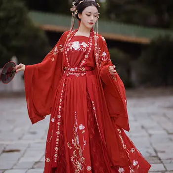 Оригинальный костюм Hanfu с красной Цветочной Вышивкой для тяжелой промышленности, 5 шт. для Пары, Традиционное китайское Свадебное платье 6 м, Vestido Oriental Изображение