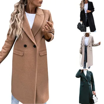 Осенне-зимнее утолщенное шерстяное пальто, женское однобортное однотонное Женское Тонкое Длинное пальто-тренч Изображение