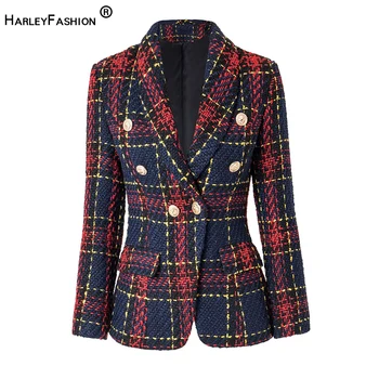 Осень-зима, высококачественная шотландская винтажная ткань, толстый шерстяной красный клетчатый узор, приталенный женский Блейзер, наружные куртки Изображение