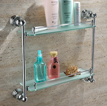 Полка для ванной комнаты из хрусталя и латуни, хромированная двойная полка из чистой меди и стекла, оборудование для ванной комнаты GY018 Изображение