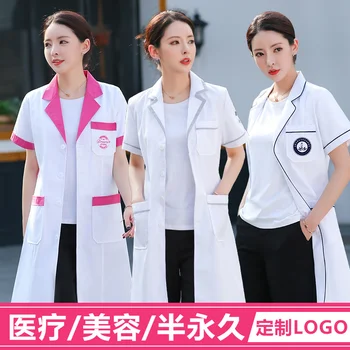 Полупостоянный белый халат с длинным рукавом, платье врача, женская униформа медсестры, короткий рукав, салон красоты, татуировщик, уход за кожей Изображение