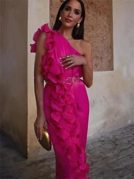 Розово-красные Элегантные Асимметричные платья с 3D оборками, Летние Свободные платья на одно плечо для вечеринок, для отдыха, Женский халат Изображение