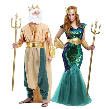 Роскошная пара Женщин Мужчин Нептун Посейдон Русалка Королева Фараон Косплей костюм Хэллоуин Пурим Вечеринка Необычный наряд Сценическая одежда Изображение