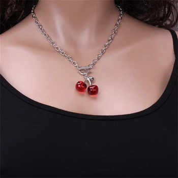 Роскошное ожерелье с подвеской в виде красной вишни и фруктов из нержавеющей стали, Модное студенческое ювелирное ожерелье-цепочка для девочек, подарок на День рождения Изображение