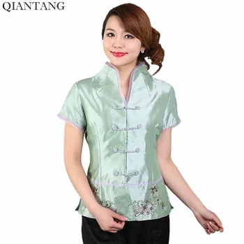 Светло-зеленая Рубашка в Традиционном китайском стиле с V-образным вырезом, Топы, Классическая Женская Атласная Блузка, Размер S, M, L, XL, XXL, XXXL, Mujere Camisa Mnz06A Изображение