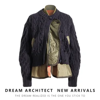 Свитер для меньшинств, костюм-двойка 2023, вязаный жакет со стоячим воротником, свитер неправильной расцветки, пальто на молнии Изображение