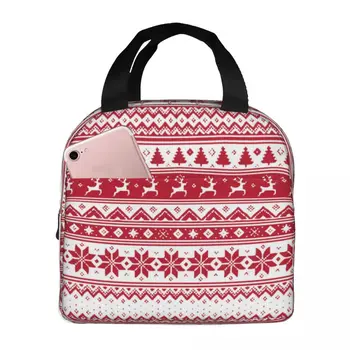 Скандинавские рождественские термоизолированные сумки для ланча, многоразовые сумки для хранения продуктов, ланч-бокс большой емкости, дорожная сумка для ученика Изображение