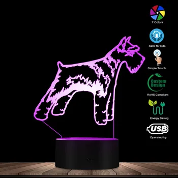 Собака Шнауцер 3D Оптическая иллюзия Ночник Домашнее Животное Щенок Породы Мопс Декор Детской Комнаты Ночник Настольная Лампа Меняющая Цвет Светодиодная Лампа Изображение