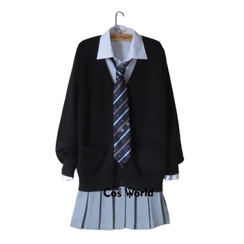 Стильная школьная форма для учащихся Японии JK, зимний черный кардиган с V-образным вырезом, серая плиссированная юбка, костюмы-рубашки Изображение