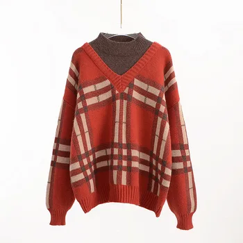 Теплый свитер, женский пуловер, полупрозрачная водолазка, клетчатый искусственный вязаный свитер из двух частей, зимняя верхняя одежда, сшитый топ Изображение