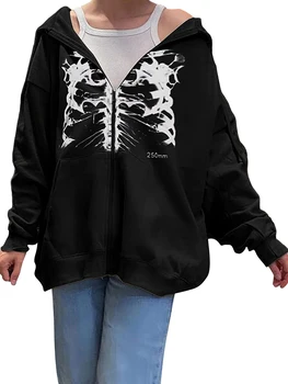 Толстовка на молнии со скелетом Винтажная эстетическая графическая одежда в готическом стиле, толстовка Оверсайз, куртки в стиле Харадзюку, пальто Изображение
