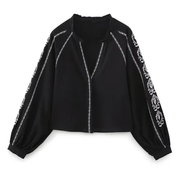 Увядшая винтажная повседневная рубашка с V-образным вырезом в богемном стиле, Хлопковая блузка с вышивкой черного цвета, женские топы Изображение
