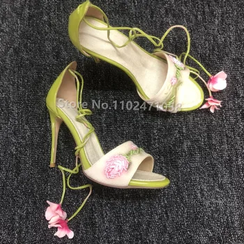 Украшение из бисера, цветы, Свадебные Босоножки для Невесты на высоком каблуке, Летние Женские туфли-лодочки на тонком каблуке с круглым носком, обувь на шнуровке до щиколотки Изображение