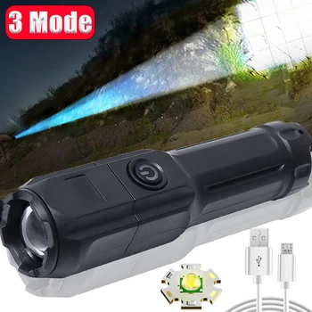Ультра яркий светодиодный фонарик с зарядкой через USB, 3 режима освещения, Телескопический фокусирующий фонарь, Освещение для кемпинга, ночной рыбалки на открытом воздухе Изображение