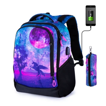 Фиолетовые рюкзаки для девочек с единорогом, ортопедический рюкзак для учащихся начальной школы, детские сумки для книг с USB-портом для зарядки Высокое качество Изображение