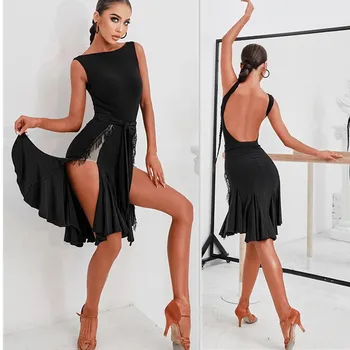 черная юбка для латиноамериканских танцев, платье для сальсы, блузка для латиноамериканских танцев, топ для латиноамериканских танцев, боди 2199 Изображение