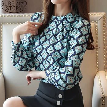 Шифоновая блузка с длинным рукавом, Женская блузка с круглым вырезом и принтом, Белые, черные Весенне-осенние топы, Корейская модная Повседневная одежда 6053 50 Изображение