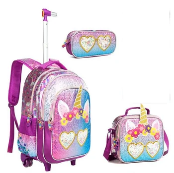 Школьный рюкзак на колесиках, сумка для ланча, набор школьных рюкзаков на колесиках, студенческая школьная тележка, сумка-рюкзак для девочек Изображение