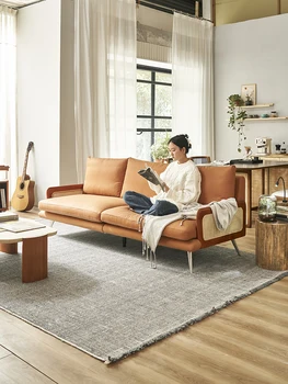 Японский ретро-диван из плетеной ротанговой кожи Napa, простая гостиная с прямым рядом, домашний верхний слой из воловьей кожи, для трех человек Изображение